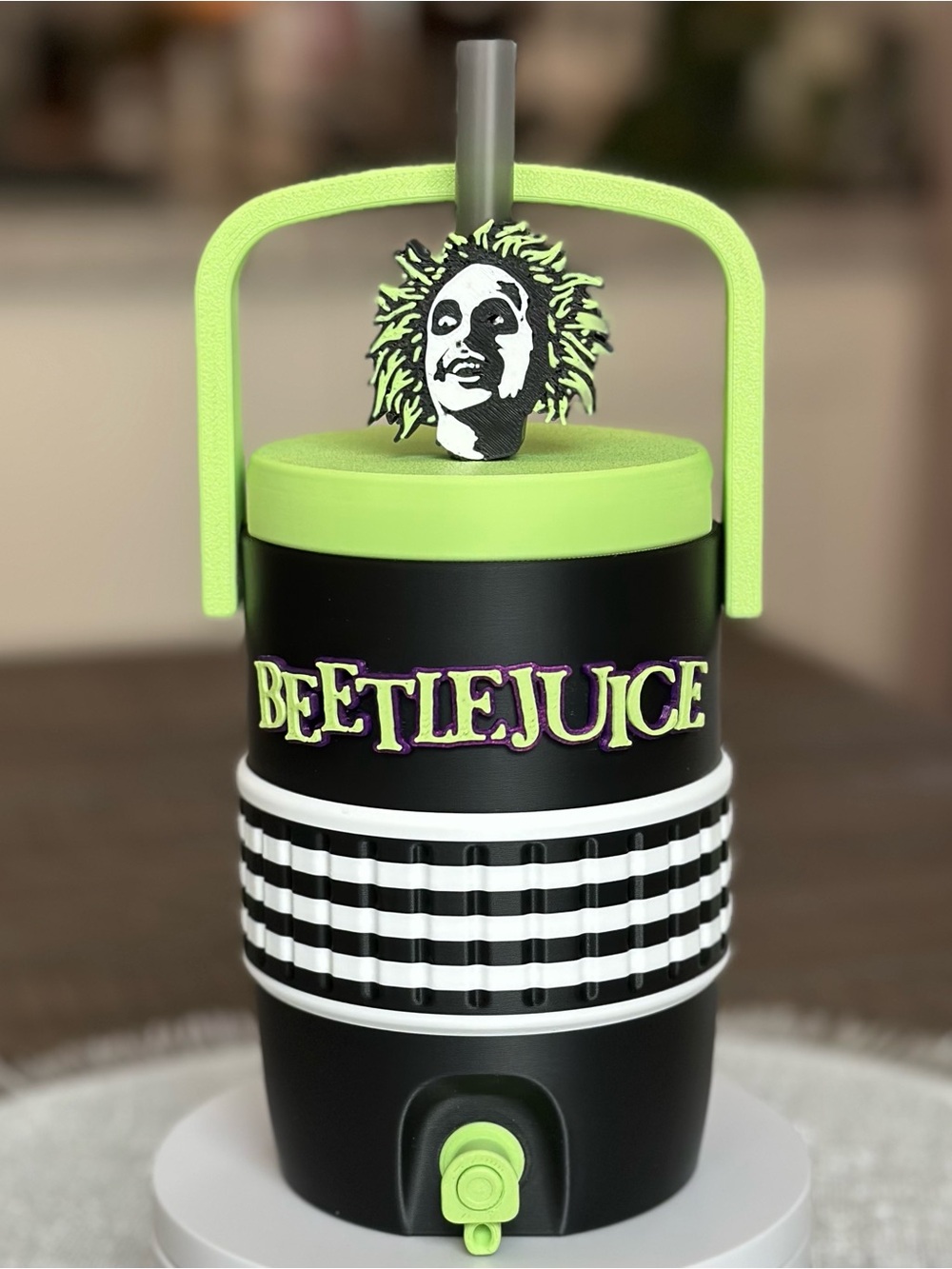 Beetlejuice Halloween Themed Can Cooler with Straw Topper